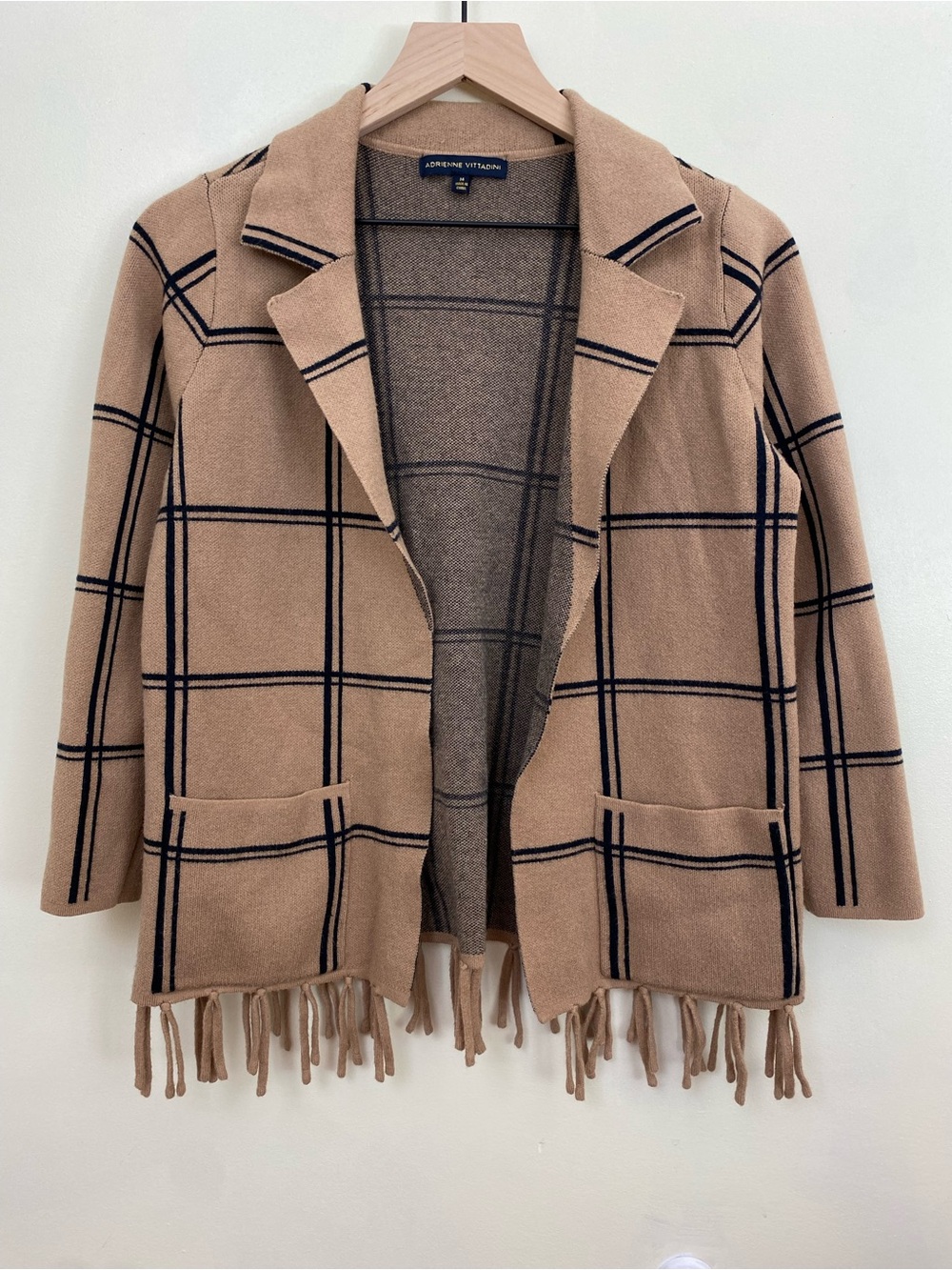 Adrienne Vittadini Tan Plaid Fringe Open Front Cardigan Sweater Blazer M - Picture 2 of 6
